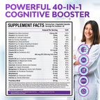 40-in-1 Brain Booster Supplements for Memory, Focus, Clarity, Energy, Performance | Natural Nootropic Brain Support Supplement with DMAE, Bacopa Monnieri & More | For Men & Women | 120 V Capsules