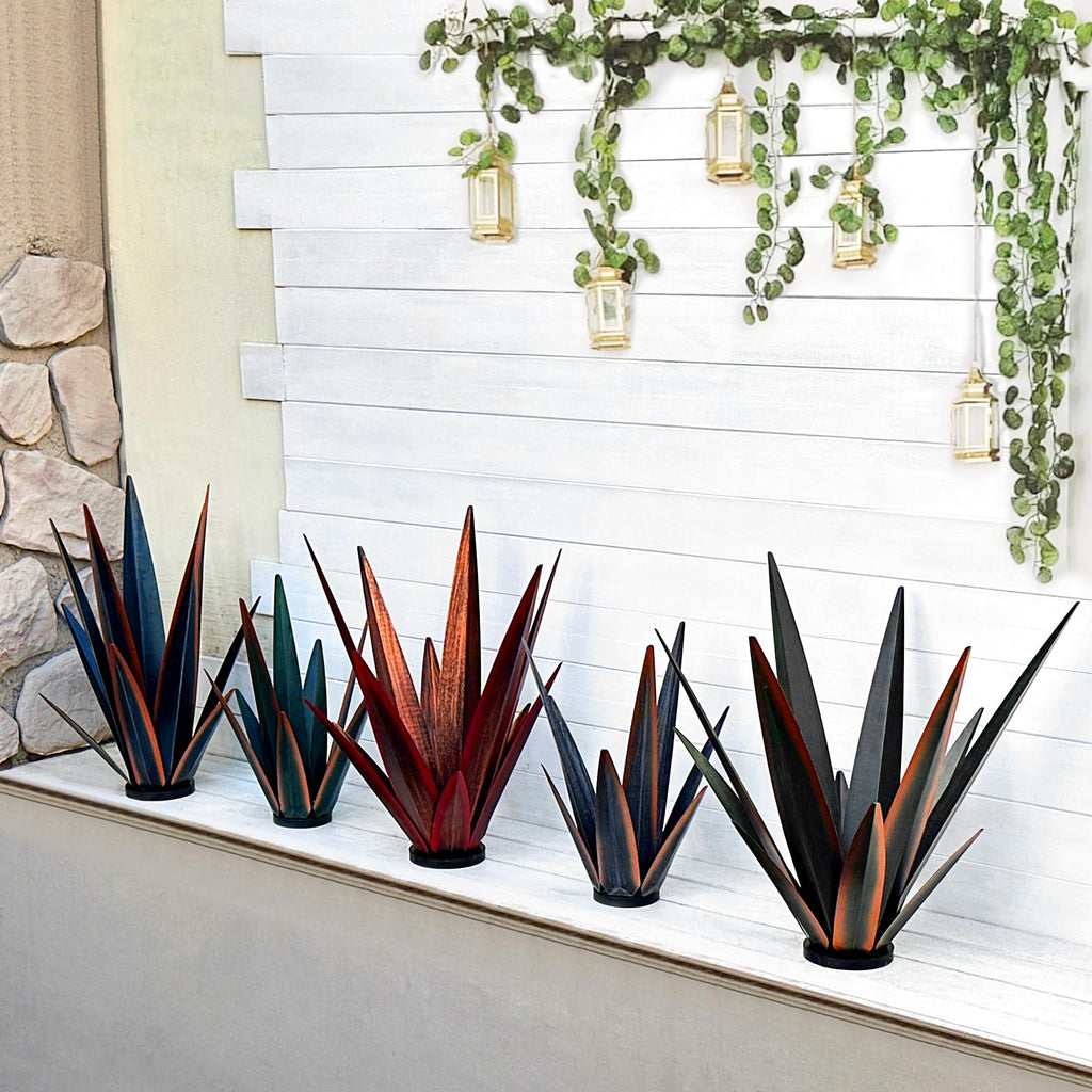 KODIBO 24" Large Metal Agave Plant Outdoor Decor with Solar Light, Blue