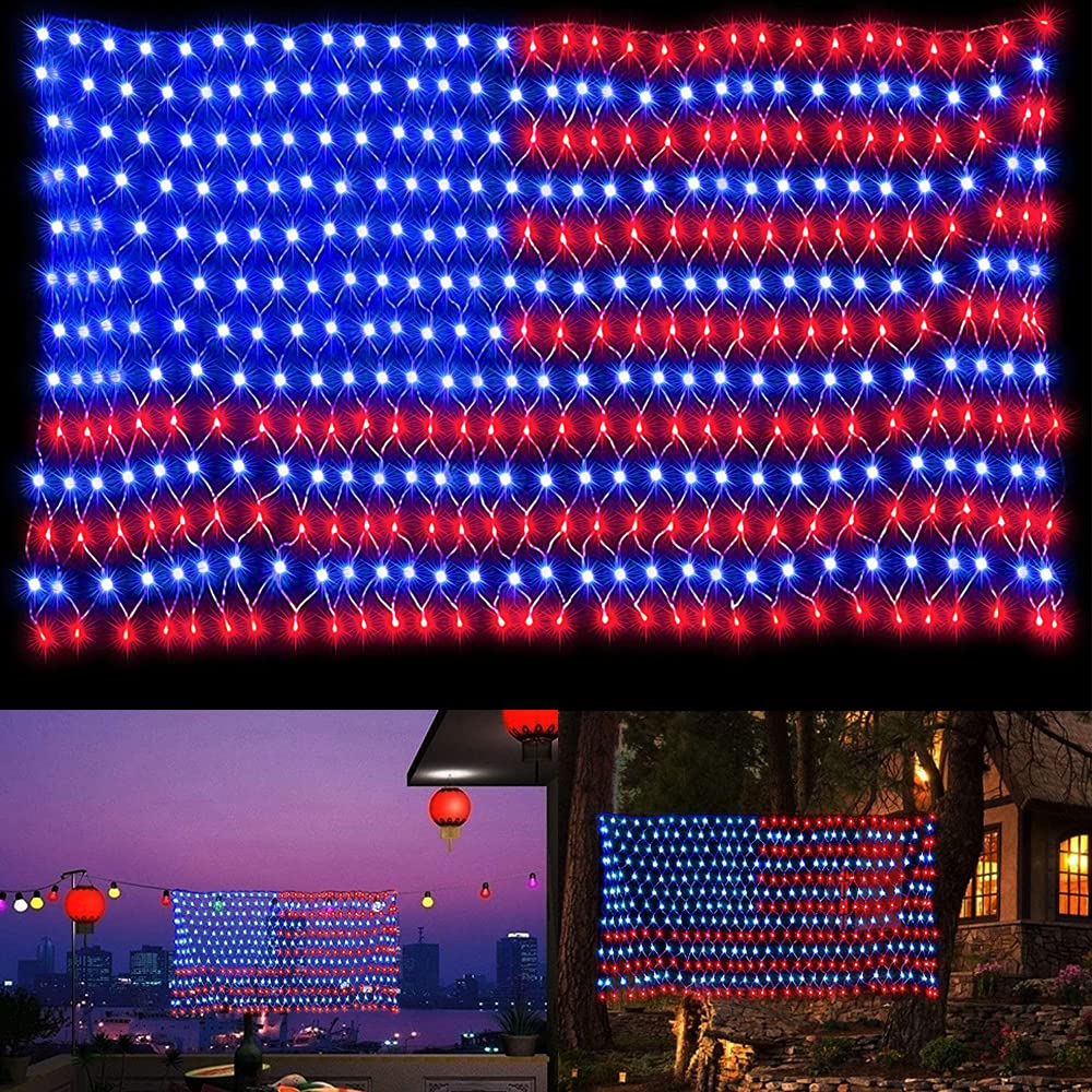 Solar American Flag Lights, 420 LED Waterproof American Flag Net Lights Independence Day Decorations 8 Modes Outdoor String Light for 4th of July Independence Day, Garden, Yard Home Decorations