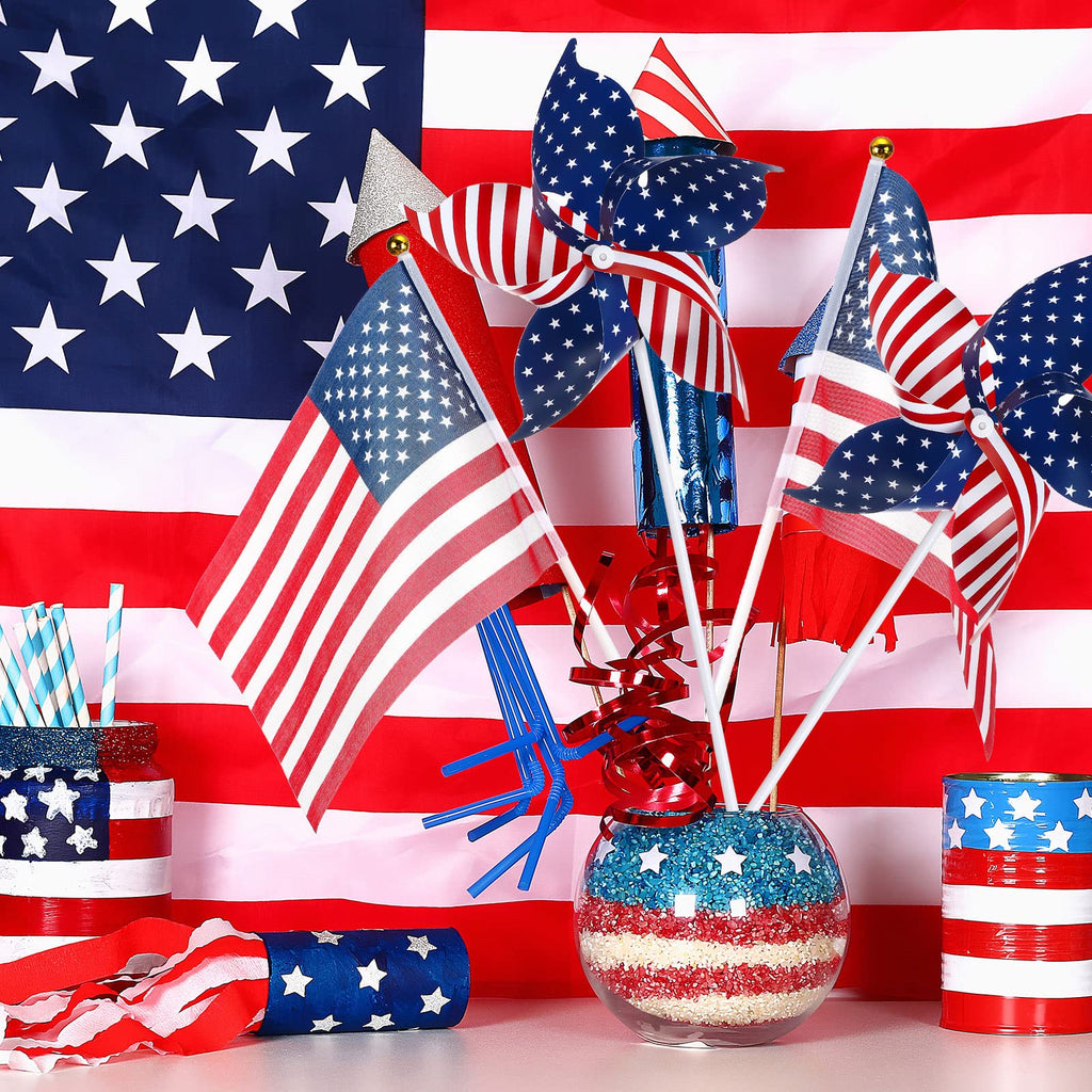 120 Pcs 4th of July Decorations Include 60 Patriotic Pinwheels 60 Small American Flags on Stick, Red White and Blue Pinwheel Windmill for Memorial Day Independence Day Parade Yard Decor Garden Outdoor