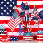 120 Pcs 4th of July Decorations Include 60 Patriotic Pinwheels 60 Small American Flags on Stick, Red White and Blue Pinwheel Windmill for Memorial Day Independence Day Parade Yard Decor Garden Outdoor