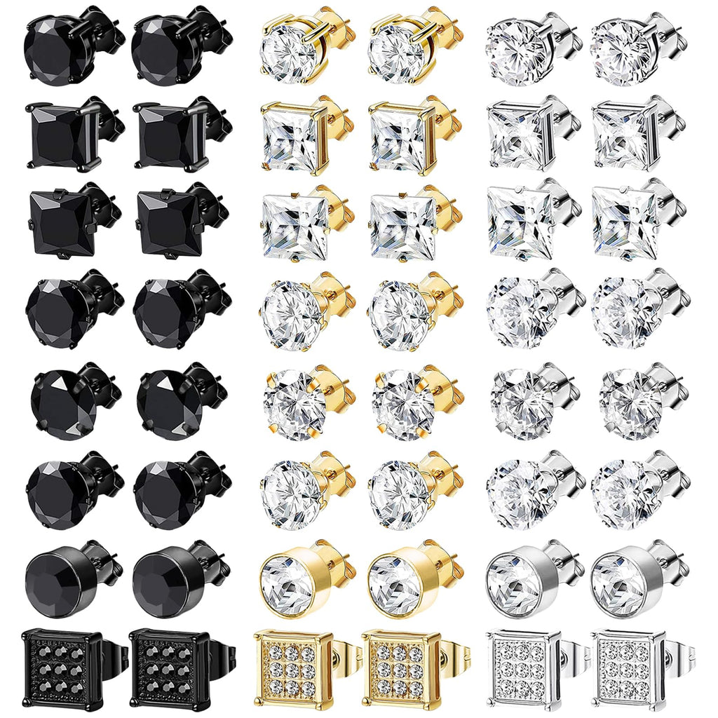 NEWITIN 24 Pairs Stainless Steel Earrings for Men Hypoallergenic Inlaid Cubic Zirconia Studs Hoop Earring Cross Dangle Earrings Unisex Punk Stud Earring for Women Men
