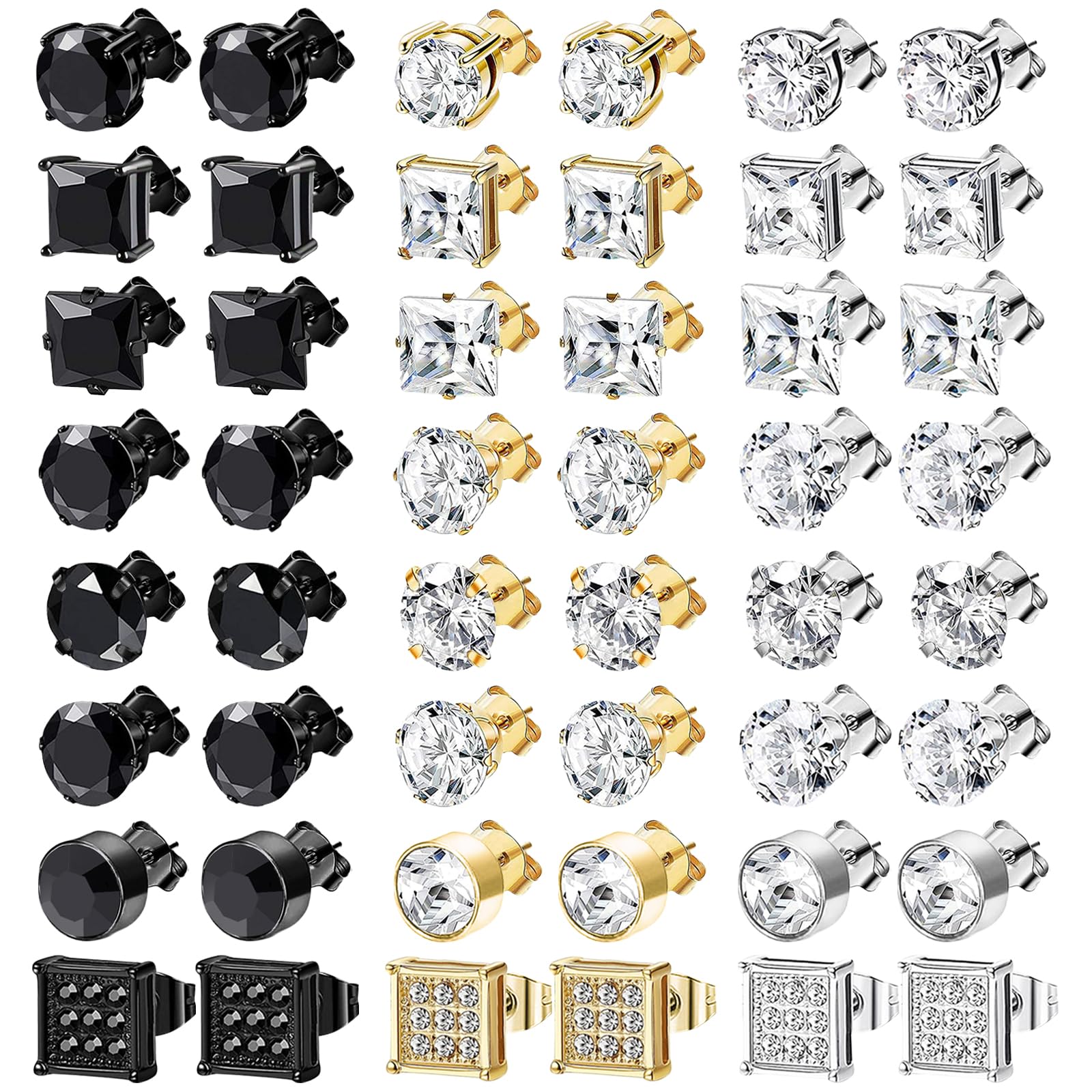 NEWITIN 24 Pairs Stainless Steel Earrings for Men Hypoallergenic Inlaid Cubic Zirconia Studs Hoop Earring Cross Dangle Earrings Unisex Punk Stud Earring for Women Men