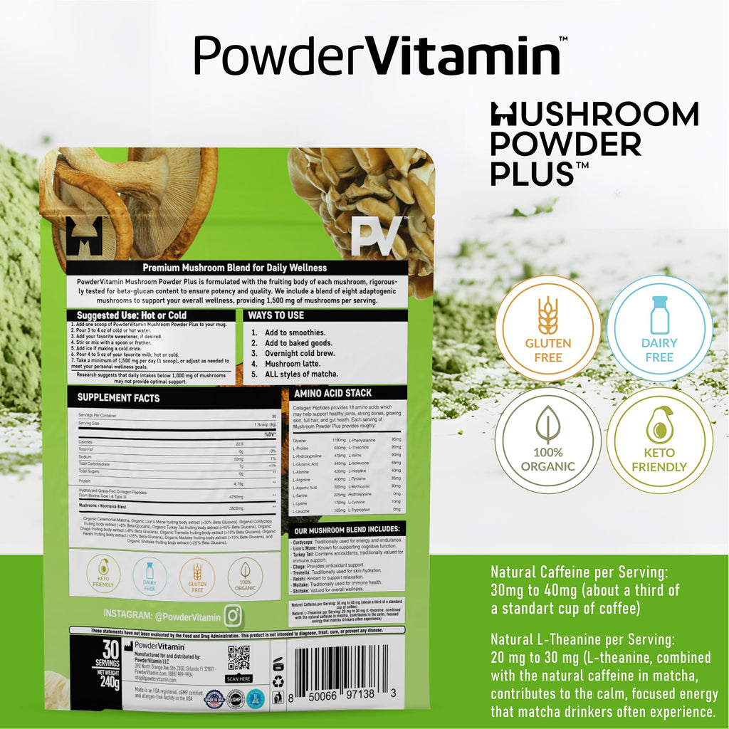 PowderVitamin Organic Ceremonial Mushroom Matcha Certified Pesticide-Free Grass-Fed Collagen Types I & III 8 Fruiting Body Mushrooms Tested for Beta-Glucans Focus Digestion & Immunity 30 Servings