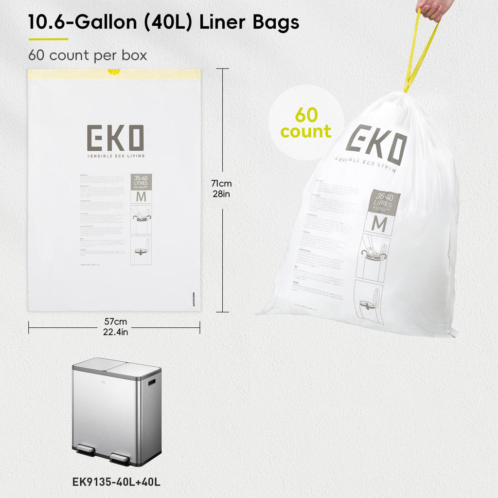 EKO 10.6 Gallon / 35–40 Liter Drawstring Trash Bags, 60 Count Heavy-Duty Tall Kitchen Garbage Can Liners, Extra-Strong Leak-Resistant, Unscented, White, Code M