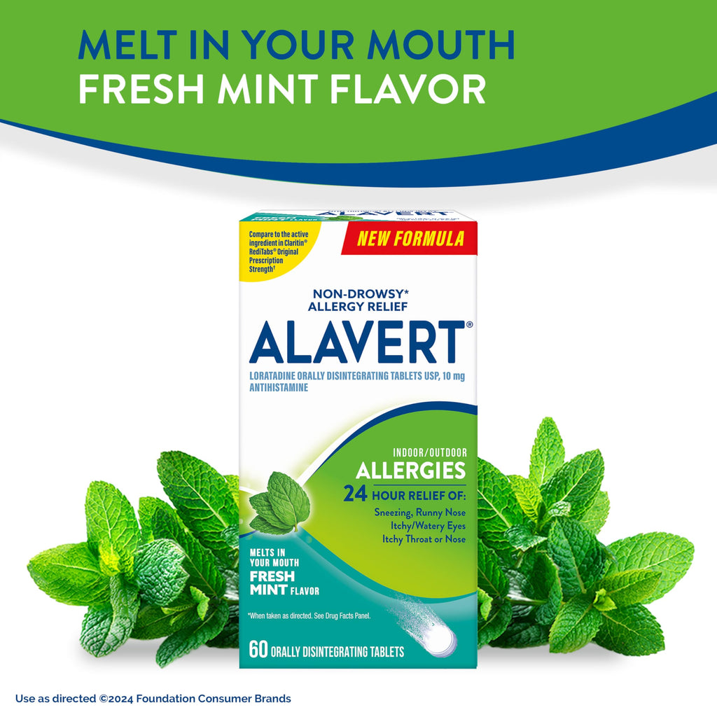 Alavert 24 Hour Allergy Relief Tablets, Non-Drowsy Antihistamine, Orally Disintegrating Allergy Tablets, Loratadine 10 mg, Fresh Mint Flavor, 60 Count