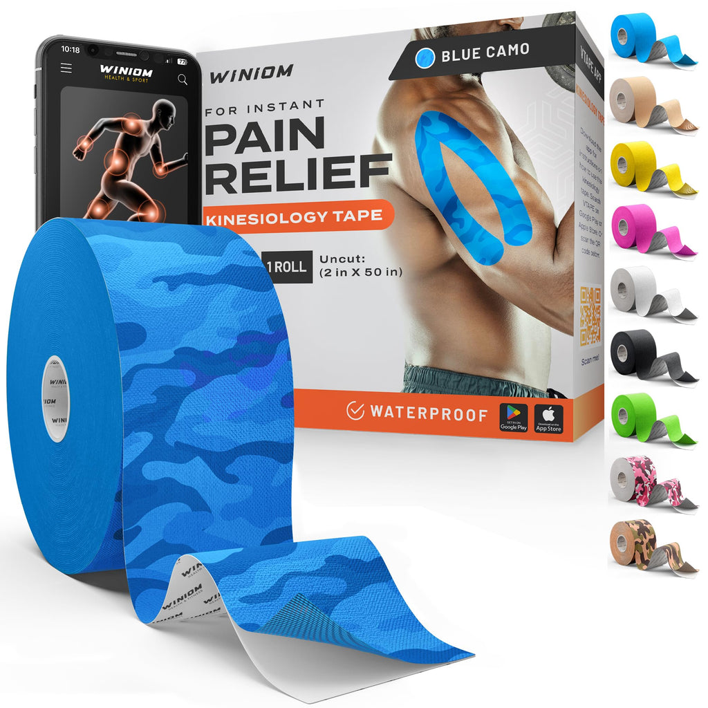 Kinesiology Tape - Waterproof Athletic Sports Tape for Knee, Shoulder, Arm & Back Support | 3-5 Day Adhesion, Hypoallergenic & Latex-Free + Taping Guide (Uncut, 2"x50ft Roll, Electric Blue Camo)