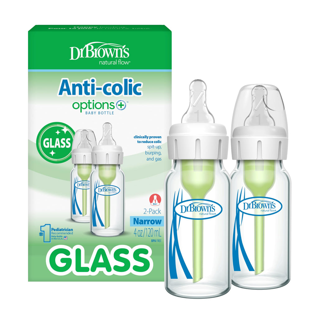 Dr. Brown's Anti-Colic Options+ Narrow Glass Baby Bottle, 4 oz/120 mL, with Level 1 Slow Flow Nipple, BPA-Free, 0m+, 2 Pack
