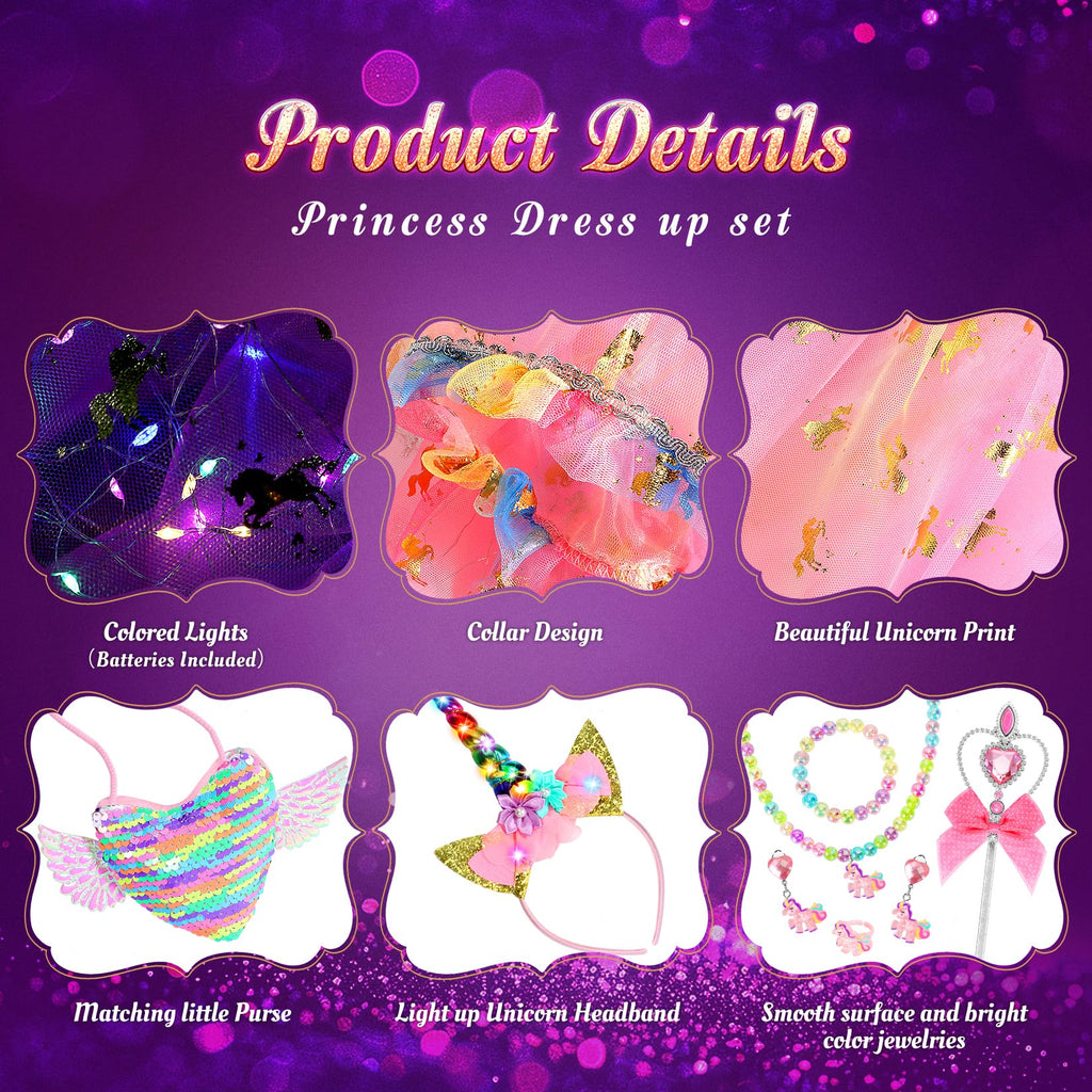 Fedio Princess Dress Up for Girls, Unicorn Light Up Princess Cape Set