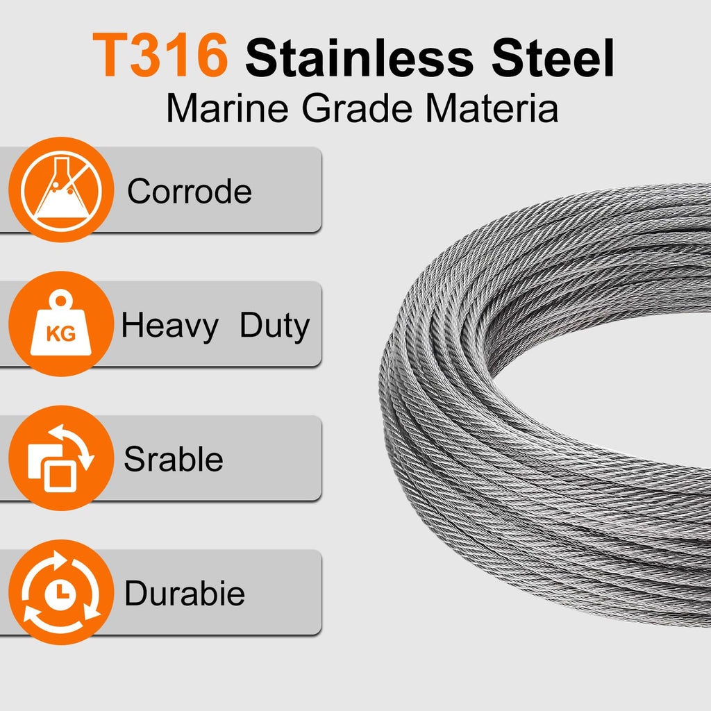 Rectoo 1/8" wire cable, 100ft Wire Rope Metal Cable With Loop Sleeve And Steel Thimble, 7x7 marine stainless steel Strand Core Perfect For Deck Railing System, Outdoor hanging kit, garden fence (SR03)