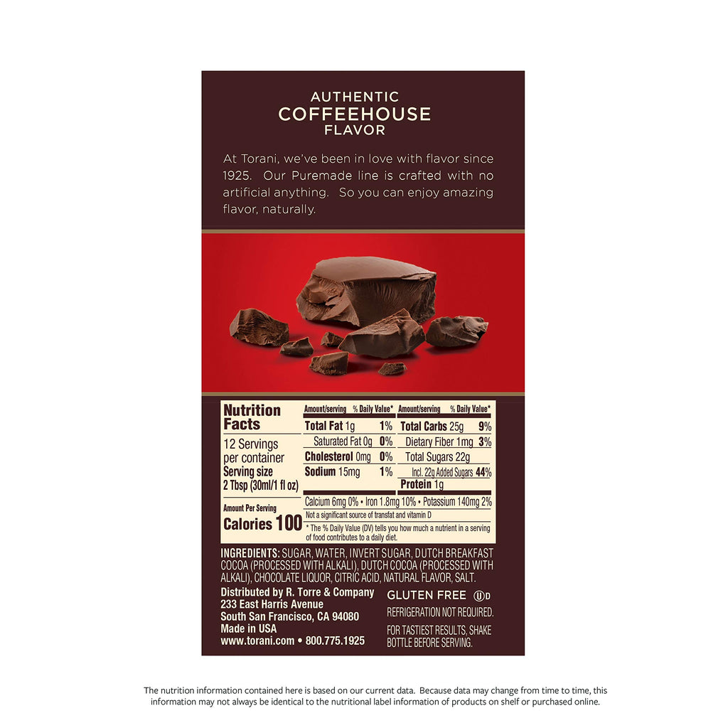 Torani Puremade Dark Chocolate Dessert & Drink Sauce, 16.5 fl oz, 4 Pack
