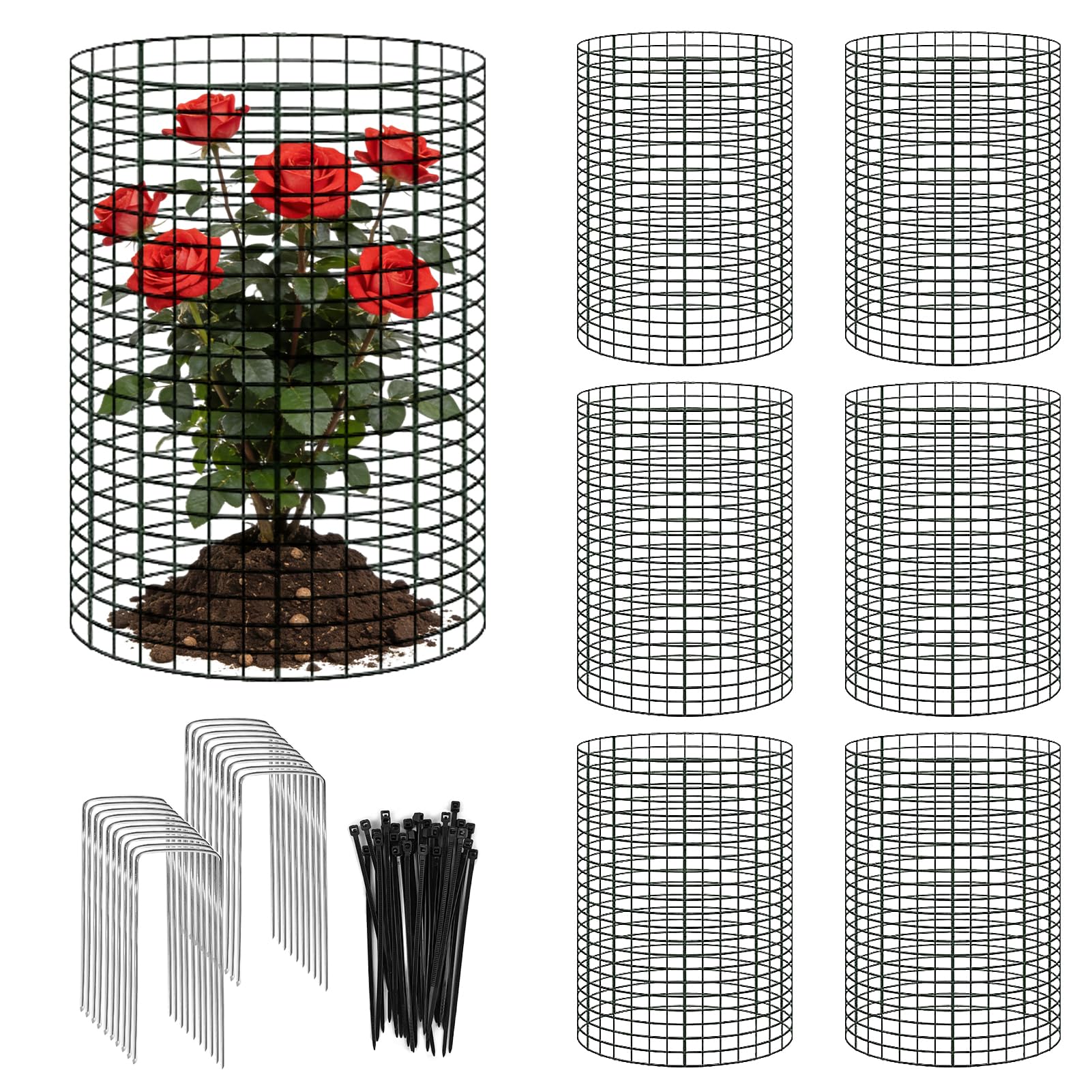 Sibosen 18 Pcs 24'' x 12'' Large Wire Plant Protector from Animals 6 Pack Metal Plant Cage Chicken Wire Cloche with Nylon Tie and Ground Stakes Keep Animals Out Garden Protection Bunny Barricade