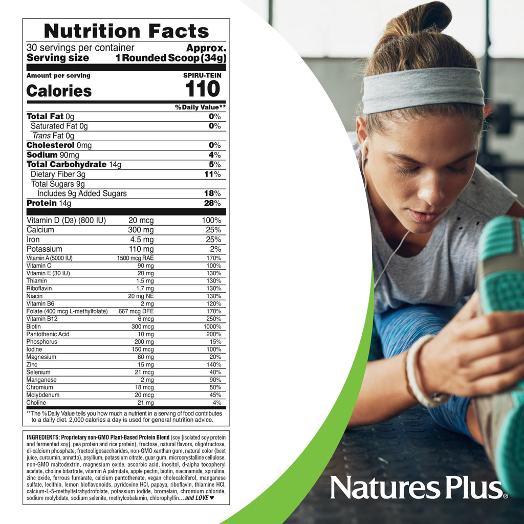 NaturesPlus SPIRU-TEIN, Peaches & Cream - 2.24 lb - Plant-Based Protein Powder - Vitamins & Minerals for Energy - Vegetarian, Gluten Free - 30 Servings