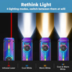Flat EDC Flashlight 1800 High Lumens, Stainless Steel Rechargeable Pocket Light with UV Blacklight, Red Light for Cats, Arrow-Shaped RGB Beacon, Magnetic Work Light,USB-C Stepless Dimming (Iridescent)