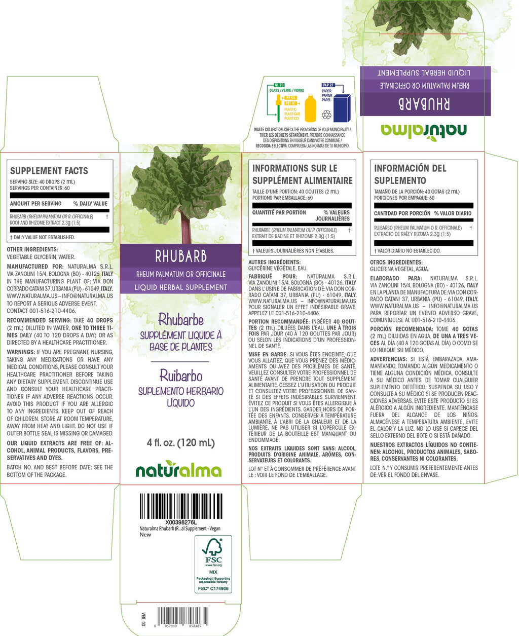 Naturalma Rhubarb (Rheum palmatum or Rheum officinale) Root and Rhizome Alcohol-Free Tincture - 4 fl oz Liquid Extract in Drops - Herbal Supplement - Vegan