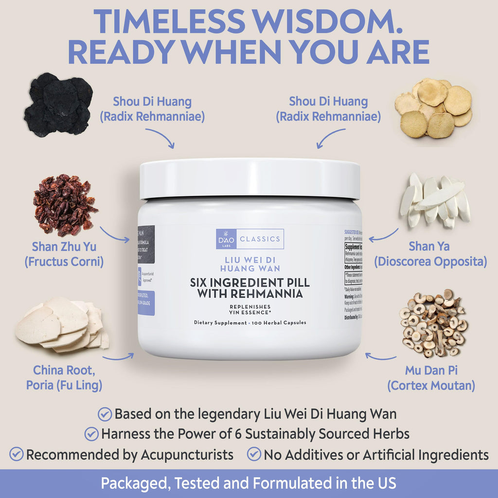 D’AO Labs Six Ingredient Pill with Rehmannia - Liu Wei Di Huang Wan - Herbal Capsules. 100 Capsules.
