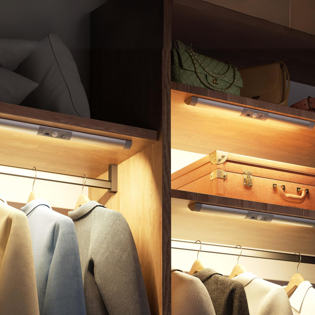Joyzy Automatic Motion Sensor Closet Lighting with Eye-Protection Design, LED Closet Lights for Stair Step Wireless Light, Rechargeable Wardrobe Pantry Lights (2pack with Warm Lighting)