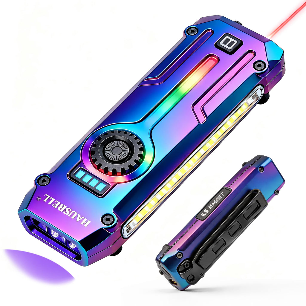 Flat EDC Flashlight 1800 High Lumens, Stainless Steel Rechargeable Pocket Light with UV Blacklight, Red Light for Cats, Arrow-Shaped RGB Beacon, Magnetic Work Light,USB-C Stepless Dimming (Iridescent)