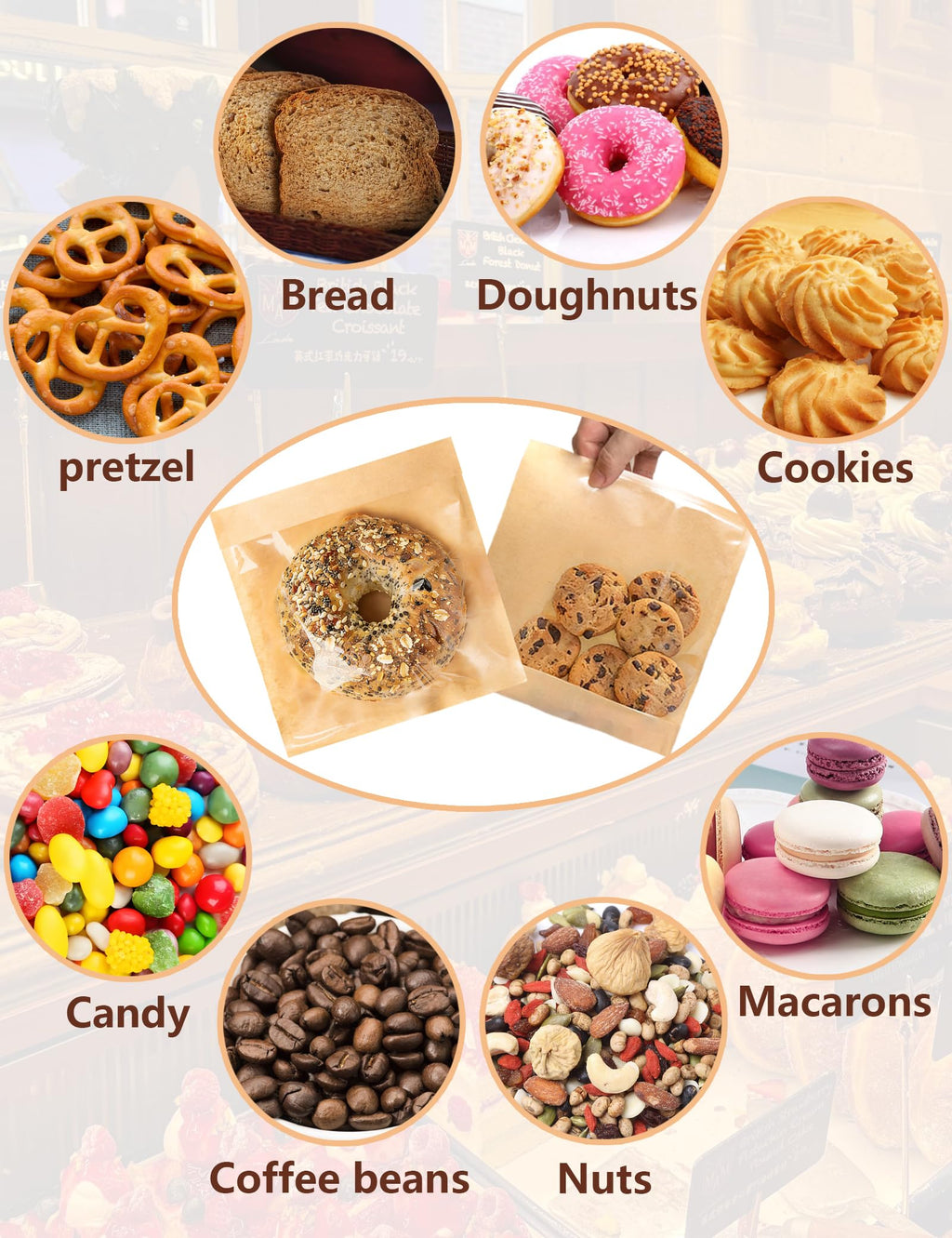 200 Self Sealing Sandwich Bags with Window, Paper Cookie Bags with Seal, Grease Resistant To Go Bakery Sleeves for Packaging Bagels, Donuts, Scone, Brownie, Small Pastries and other Treats