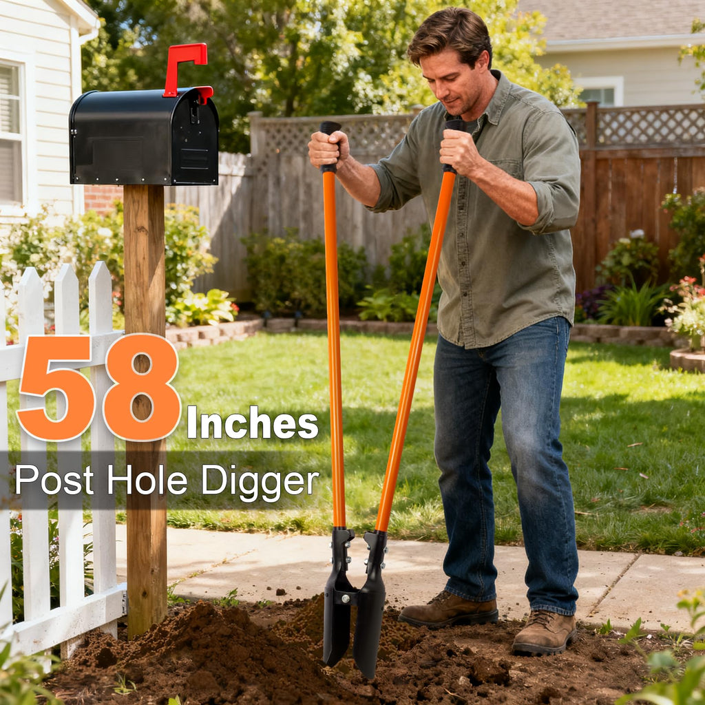 Nohovu Post Hole Digger, Heavy Duty with Fiberglass Handle, Carbon Steel Blades, 58 Inches, Orange & Black