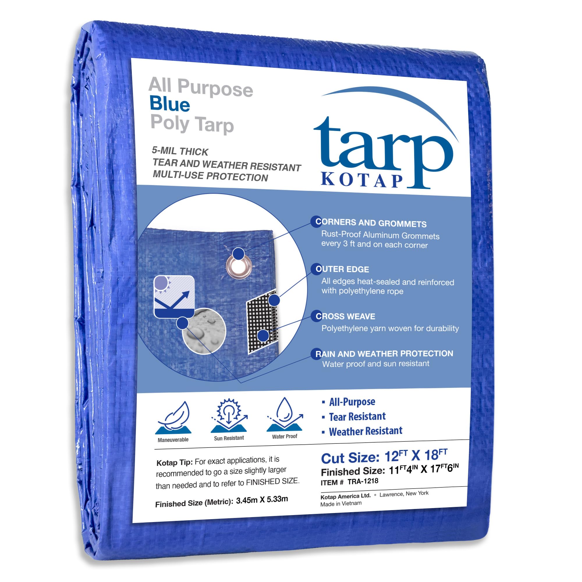 Kotap 12 x 18 Ft. All-Purpose Multi-Use Protection/Coverage 5-mil Poly Tarp, Waterproof, Blue, (TRA-1218)