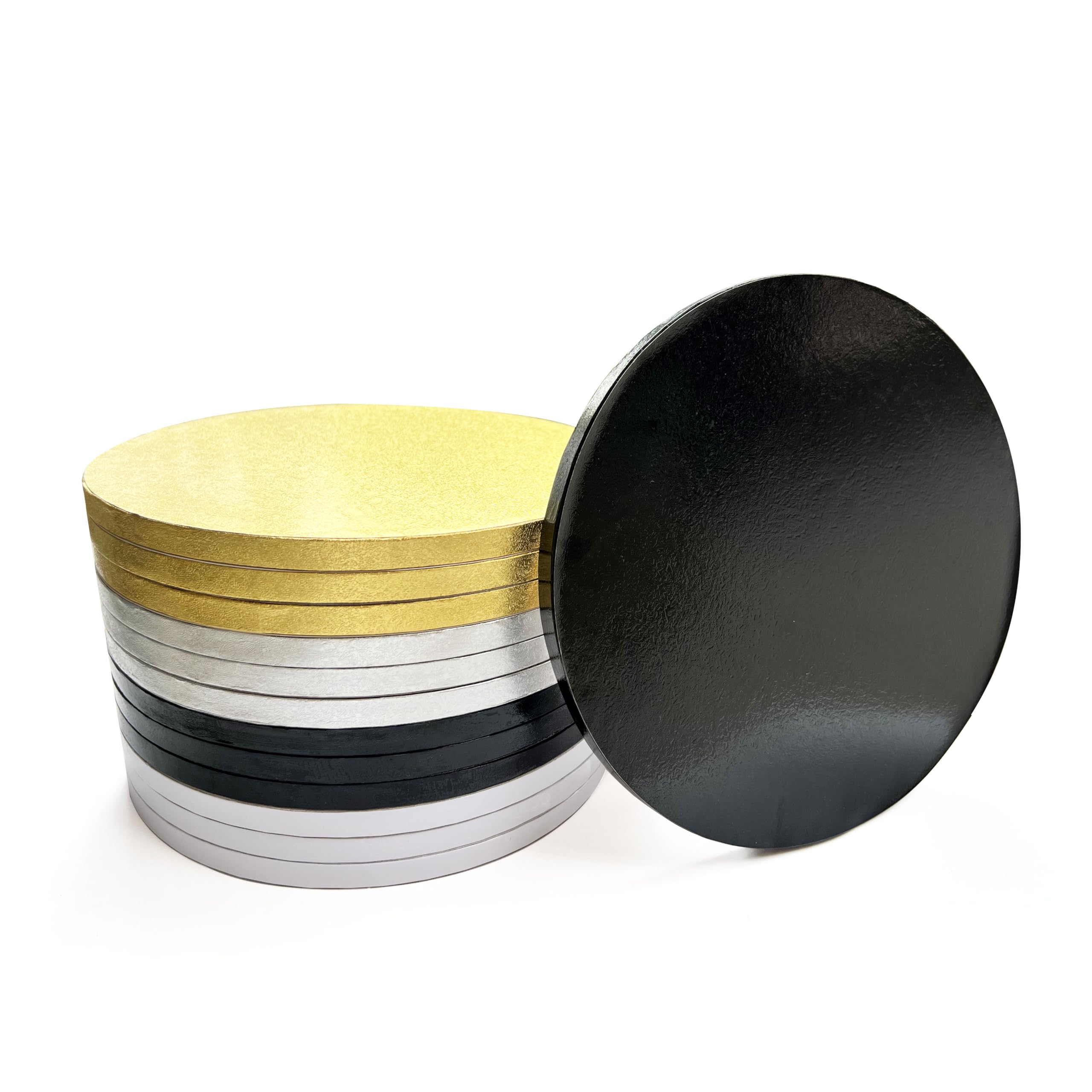 ANSSDO 12 Packs Thick Cake Drums, Greaseproof 12 inch Assorted Round Cake Drum in Gold Black Sliver White Cake Base, Cardboard Cake Boards for Presenting Heavy/Tall Tiered Cakes, Base para Pastel