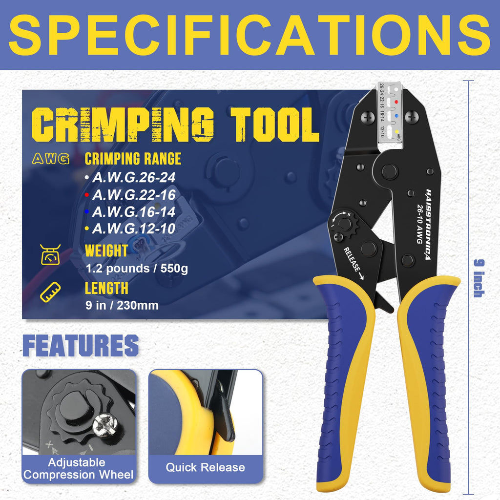 haisstronica Crimping Tool for Heat Shrink Connectors HS-8327 with 200PCS Marine Grade Heat Shrink Butt Connectors of Tinned Red Copper AWG 22-10
