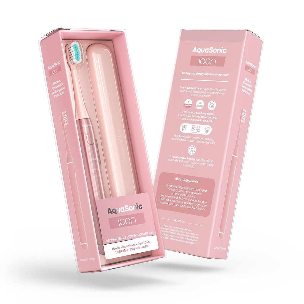 Aquasonic Icon ADA-Accepted Rechargeable Toothbrush | Magnetic Holder & Slim Travel Case | 2 Brushing Modes & Smart Timers | Gentle Micro-Vibrations (Pearl)