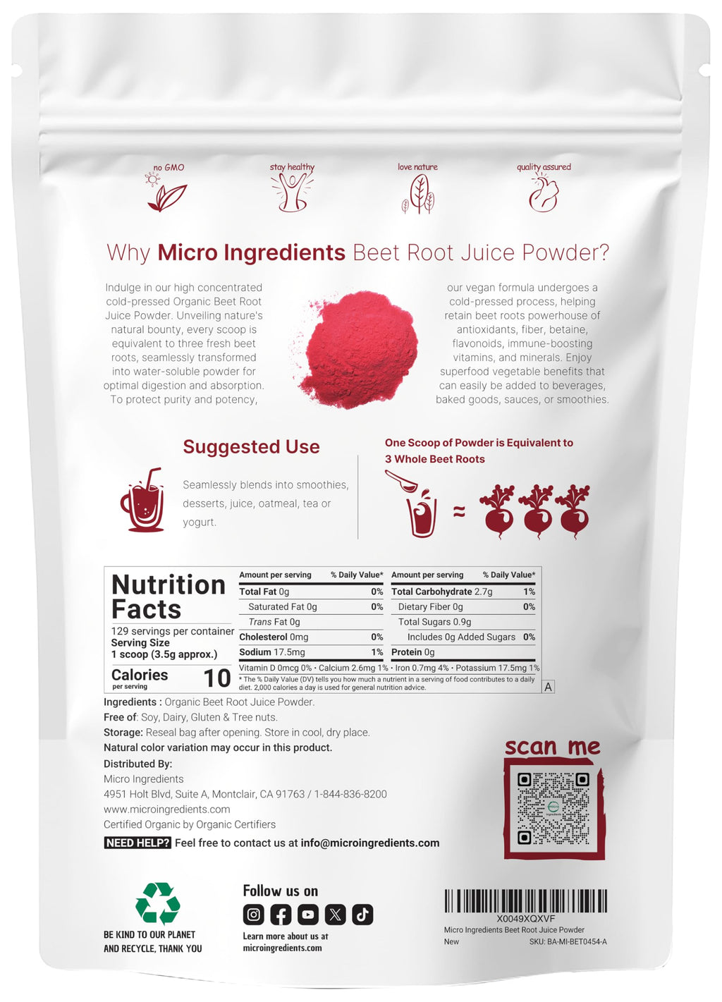 Micro Ingredients Organic Beet Root Juice Powder, 1 Pound | Cold Pressed, Water Soluble, High Concentrated Raw Beet Supplement | Superfood Drink Mix | Non-GMO, Vegan Friendly, Plant Based