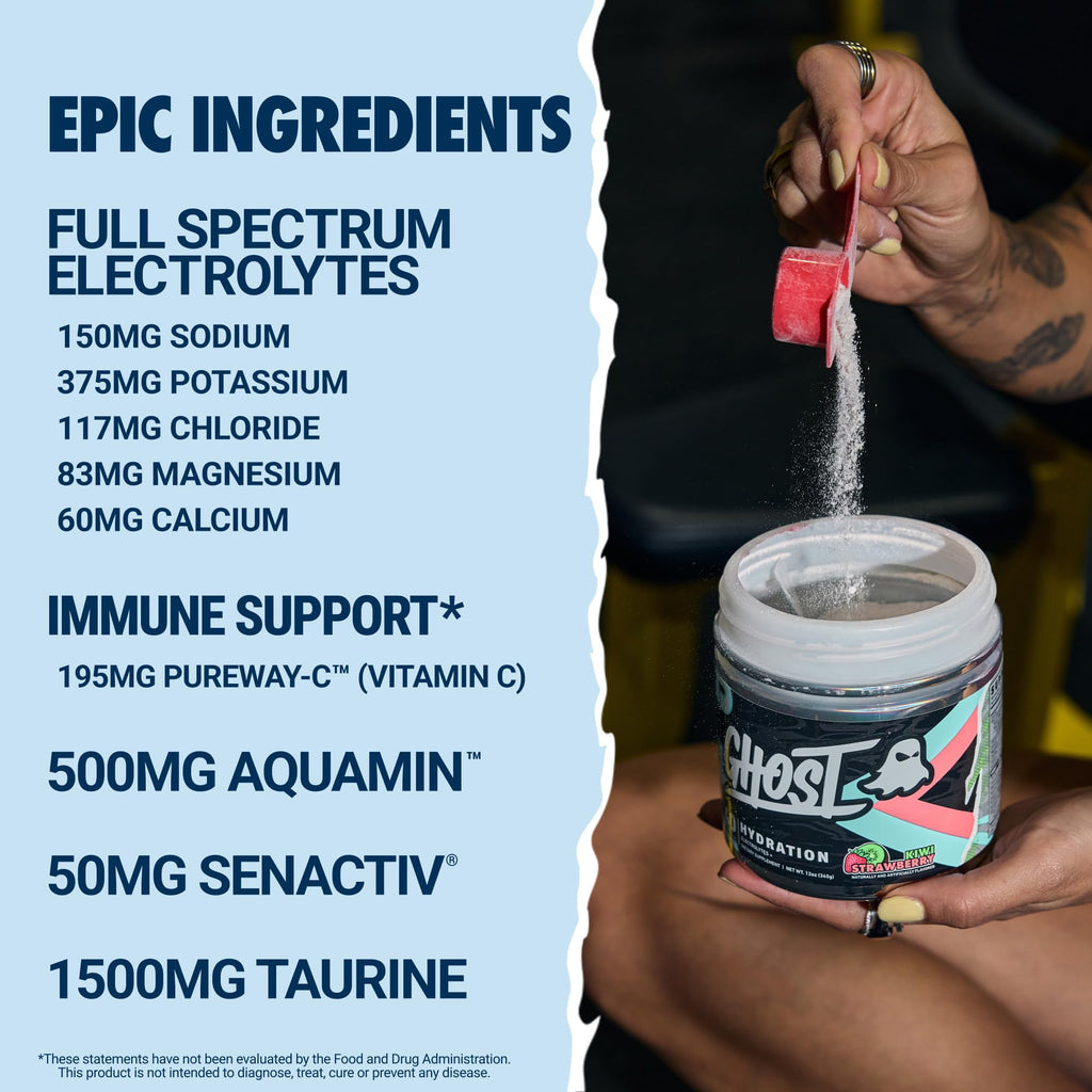 GHOST Hydration Tub, Electrolyte Powder, Kiwi Strawberry - Sugar Free Instant Electrolyte Drink Mix - Caffeine-Free Daily Hydration & Immune Support with Clean Formula - 40 Servings