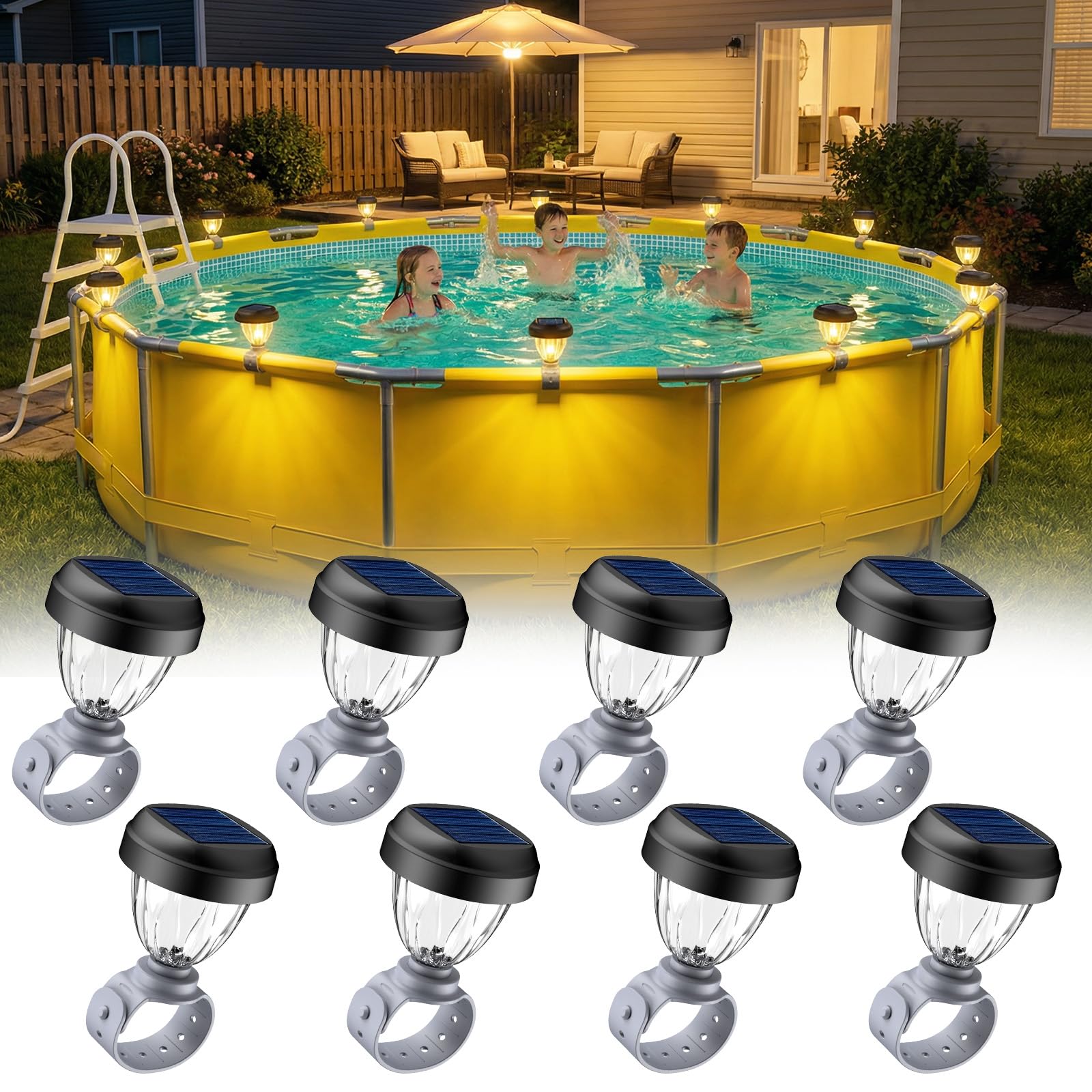 JEMULICE Solar Pool Lights for Above Ground Pools, LED Energy Saving Warm White Light, Waterproof for Frame Swimming Pools Night Accessories (8 Pcs)
