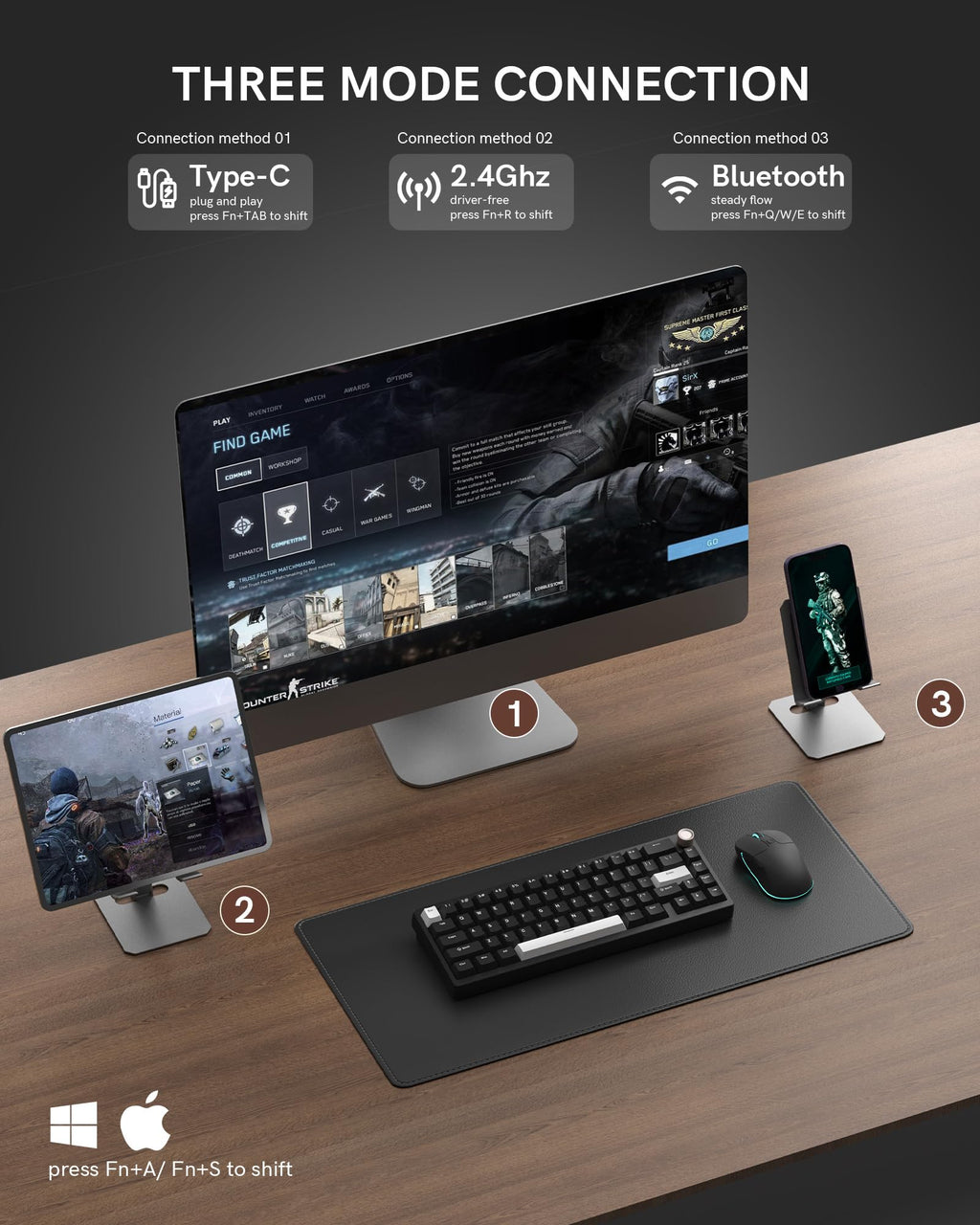 Womier SK65 Wireless Mechanical Gaming Keyboard, 60 Percent Retro Creamy Aluminium Keyboard, Bluetooth 5.0/2.4GHz/USB-C Wired Hot Swappable Custom RGB Backlit for Mac Computer PC (Black)