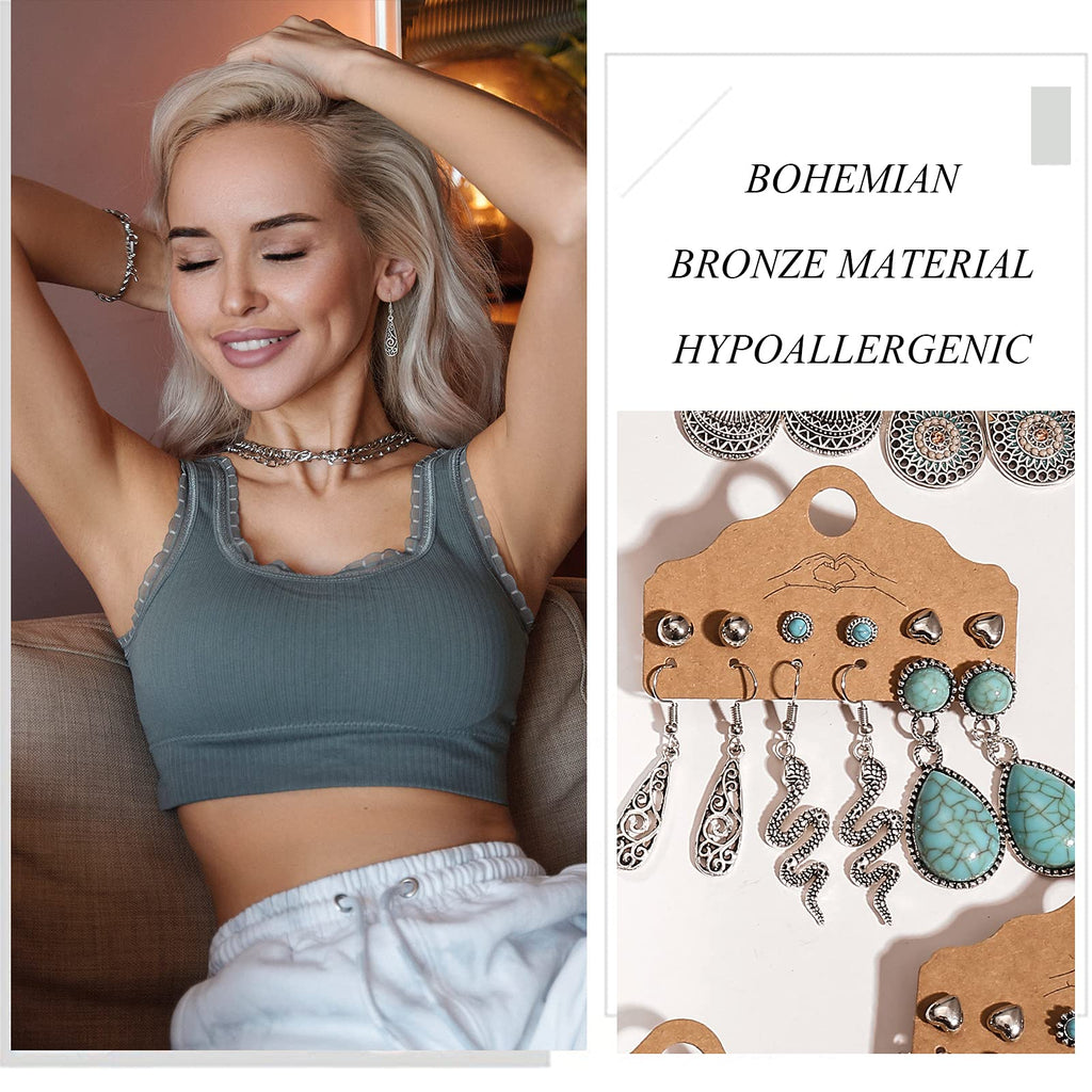 45 Pairs Big Vintage Silver Turquoise Drop Dangle Earrings Set for Women