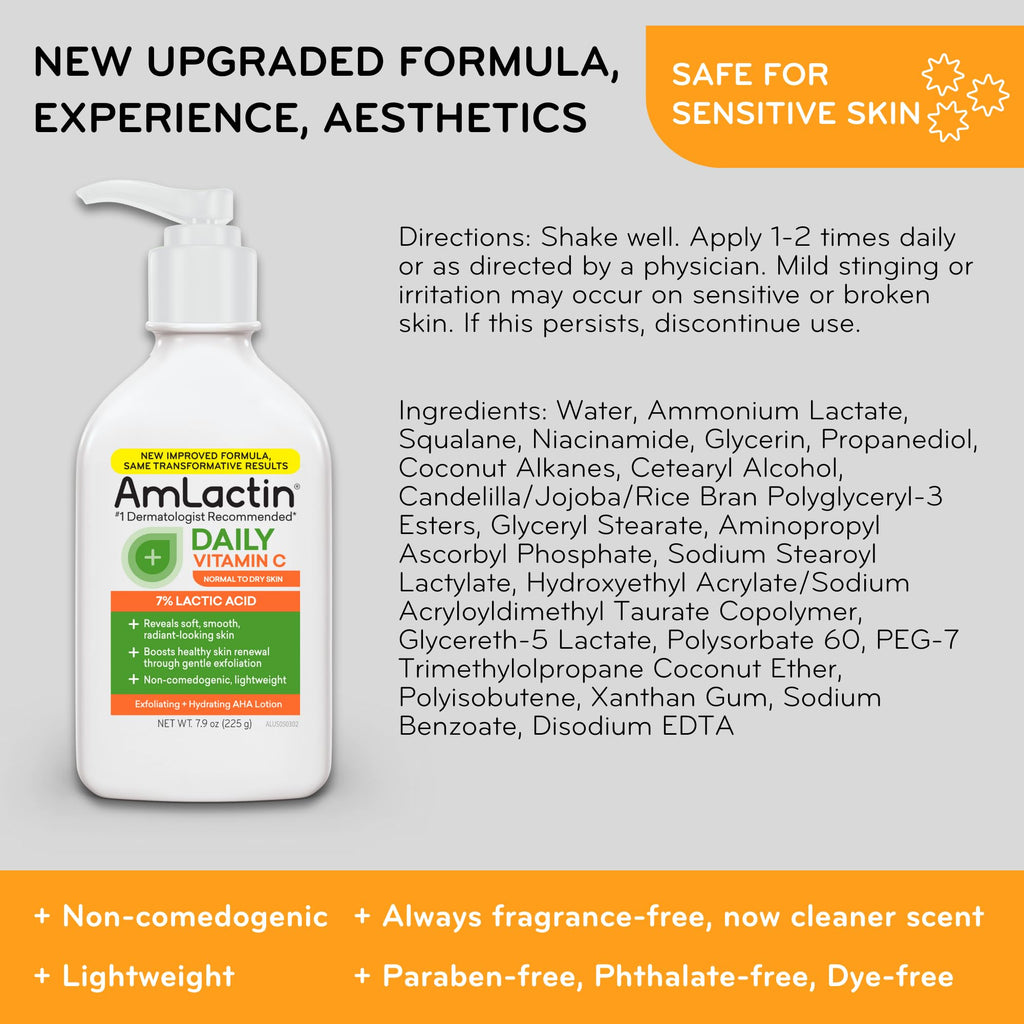 AmLactin Daily Vitamin C Lotion – Brightening Body Lotion for Dry Skin - No-Scrub Exfoliator and Moisturizer with 7% Lactic Acid AHA and Vitamin C, 7.9 oz (Packaging May Vary)