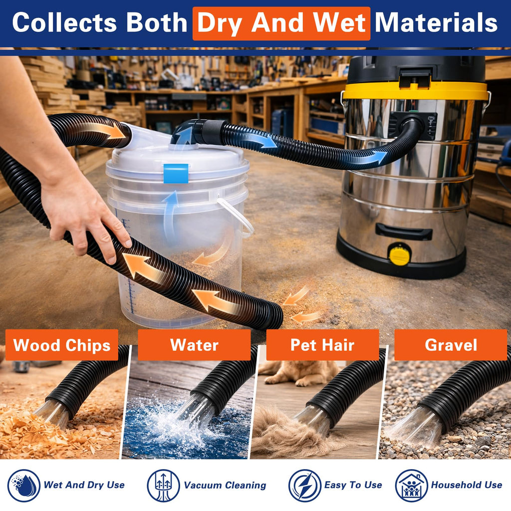 Cikawit Dust Separator - High-Efficiency Cyclone Dust Separator, Dust Separator for Standard 5 Gallon Buckets, Wet & Dry Debris, Includes 90° Elbows & 2-1/2” Hose