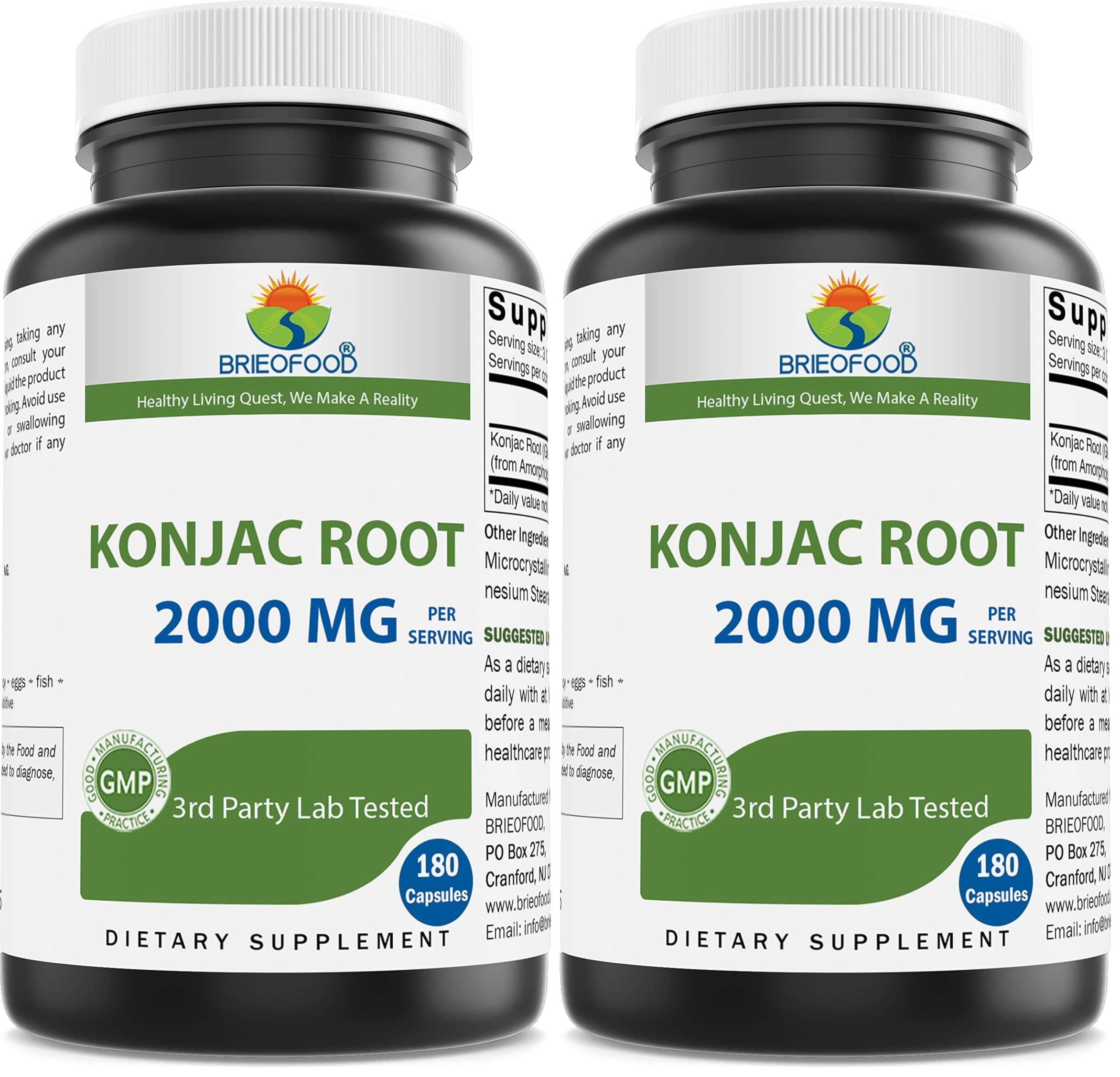 Brieofood Konjac Root Glucomannan 2000 mg per Serving - 180 Vegetarian Capsules (Pack of 2)