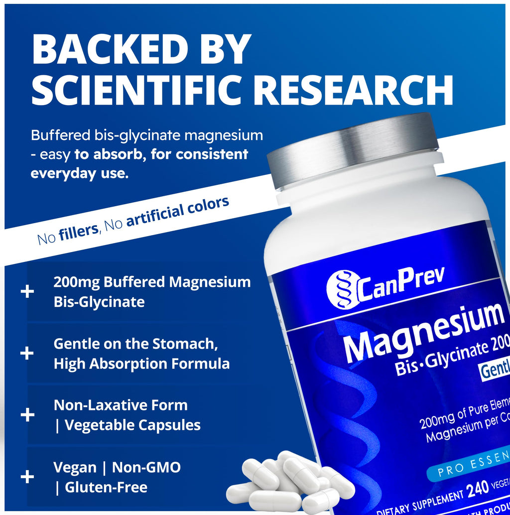 CanPrev Magnesium BisGlycinate Gentle 200mg, 240 v-Caps 240-Day Supply - Pure Elemental Magnesium Supplement, Supports Bone and Muscle Function, Gentle on Stomach, Perfect for Daily Magnesium Needs