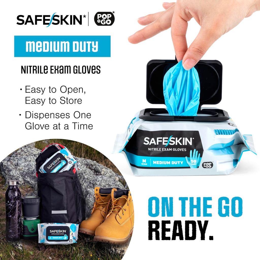 SAFESKIN Nitrile Disposable Gloves in 4 Packs of 50/200 Total, Medium Duty, Large Size, Powder Free - For Food Handling, First Aid, Cleaning, Gardening, Crafting - Premium Medical Exam Gloves