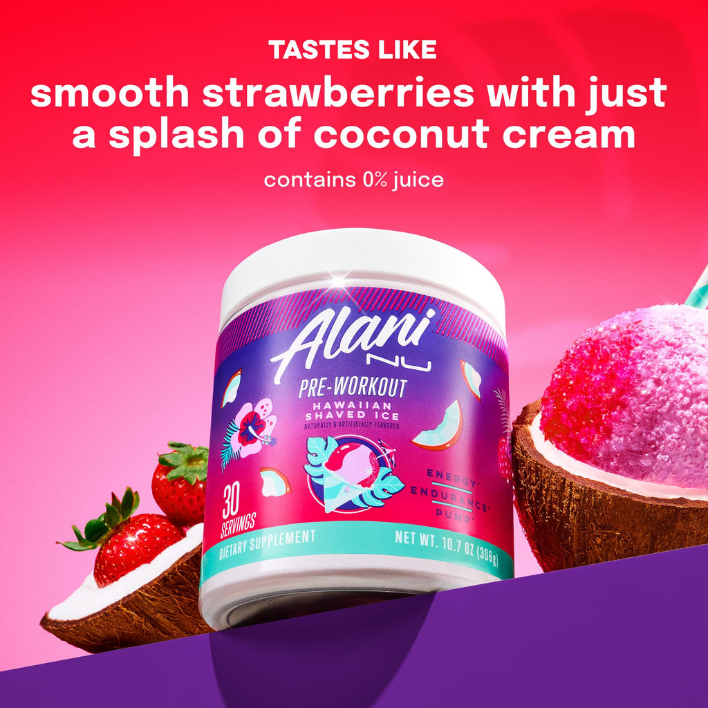 Alani Nu Pre Workout Powder Hawaiian Shaved ICE, Amino Energy Boost, Endurance Supplement, Sugar Free, 200mg Caffeine, L-Theanine, Beta-Alanine, L-Citrulline, 30 Servings