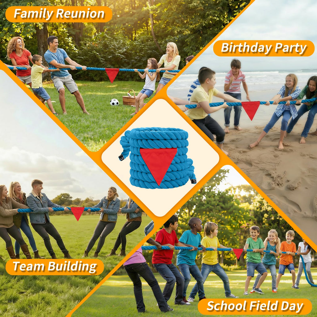 HOKINETY Tug of War Rope for Kids & Adults - 65ft Soft Cotton Outdoor Pulling Rope with Flag for Team Building Activities Field Day Family Reunions Birthday Parties Camping Games - Blue