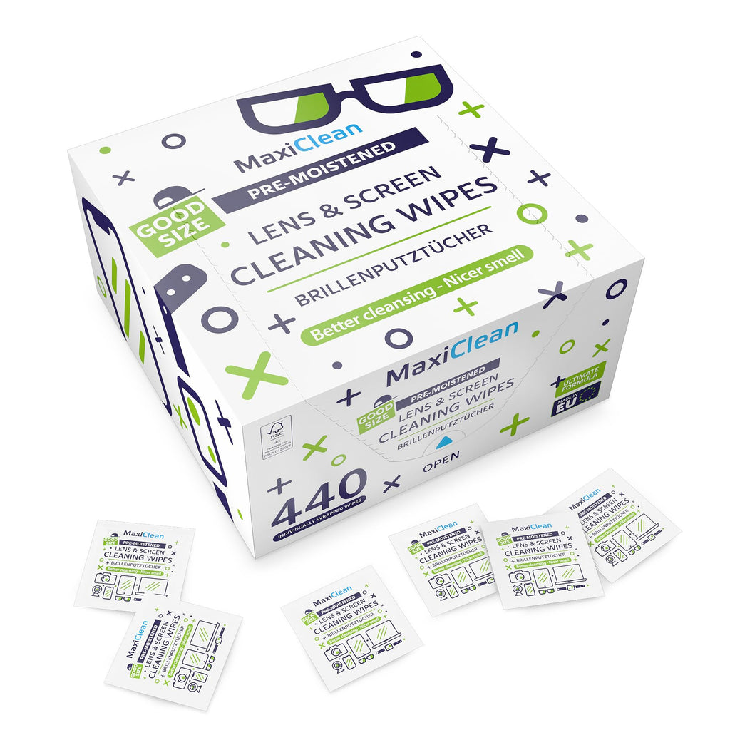 MAXI CLEAN 440 Pack Lens Wipes for Eyeglasses Pre-Moistened, Individually Wrapped Streak-Free Cleaning for Glasses & Laptop Screens, Glasses Cleaner Wipe Bulk 5.5 x 4.7 Inch, Sunglasses & Phone Wipe