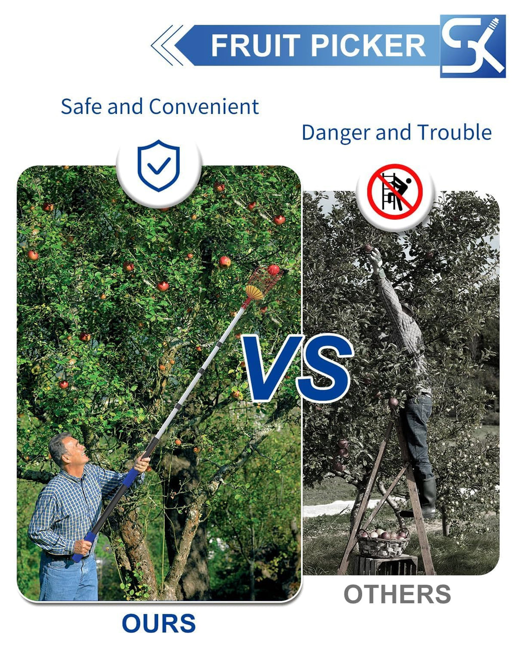 SKGPOLE 26FT Reach Fruit Picker, 5-20 Foot Sturdy Aluminum Telescoping Fruit Picker Extension Pole with Metal Twist-on Basket, Suit for Apple Pear Lemon Mango Guava Orange Avocados Tree Fruit Picking