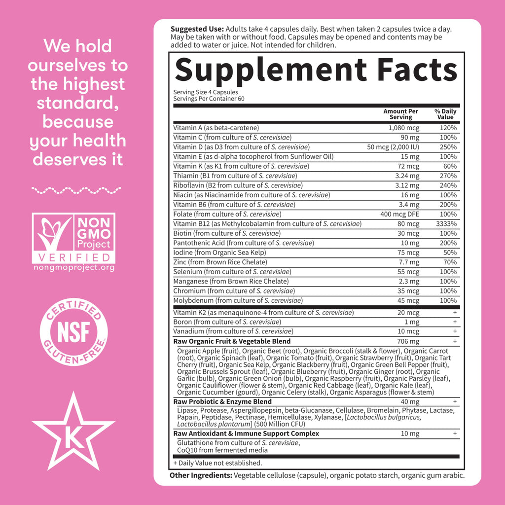 Garden of Life Vitamin Code Multivitamin for Women 50 & Over, B Vitamins, A, C, D3, E & K, CoQ10, Probiotics & Enzymes, for Women 50 Plus, 240 Capsules