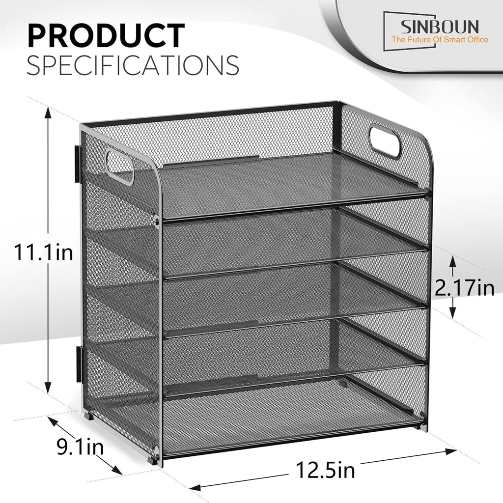 Letter Tray Paper Organizer 5-Tier Desk Organizer File Organizer Paper Holder with Handle, Metal Desktop Document Shelf Tray Office Classroom Organization - Black