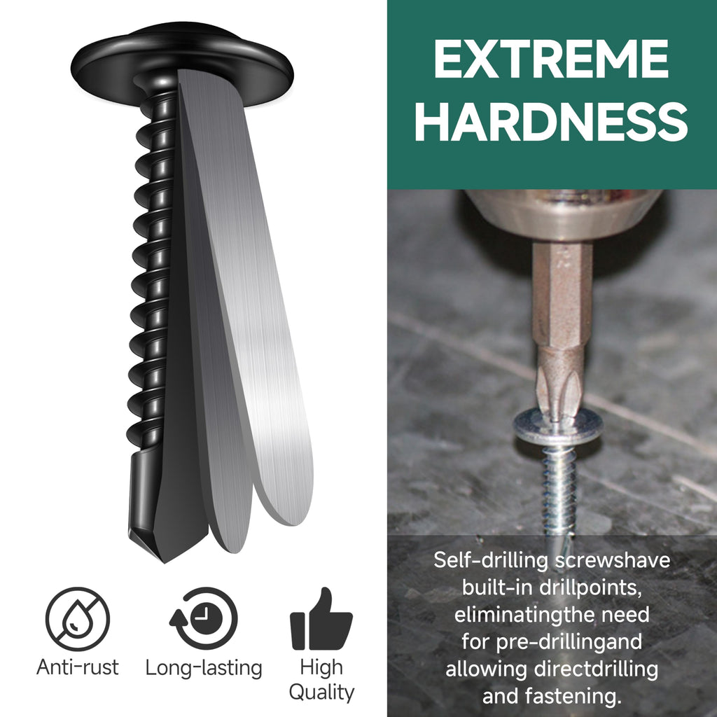 EASTPUK #10 x 2 Black Self Tapping Screws for Metal, Truss Head Phillips Drive 410 Stainless Steel Self Drilling Sheet Metal Screws with Drill Bit, Fast Tapping (Box of 300)