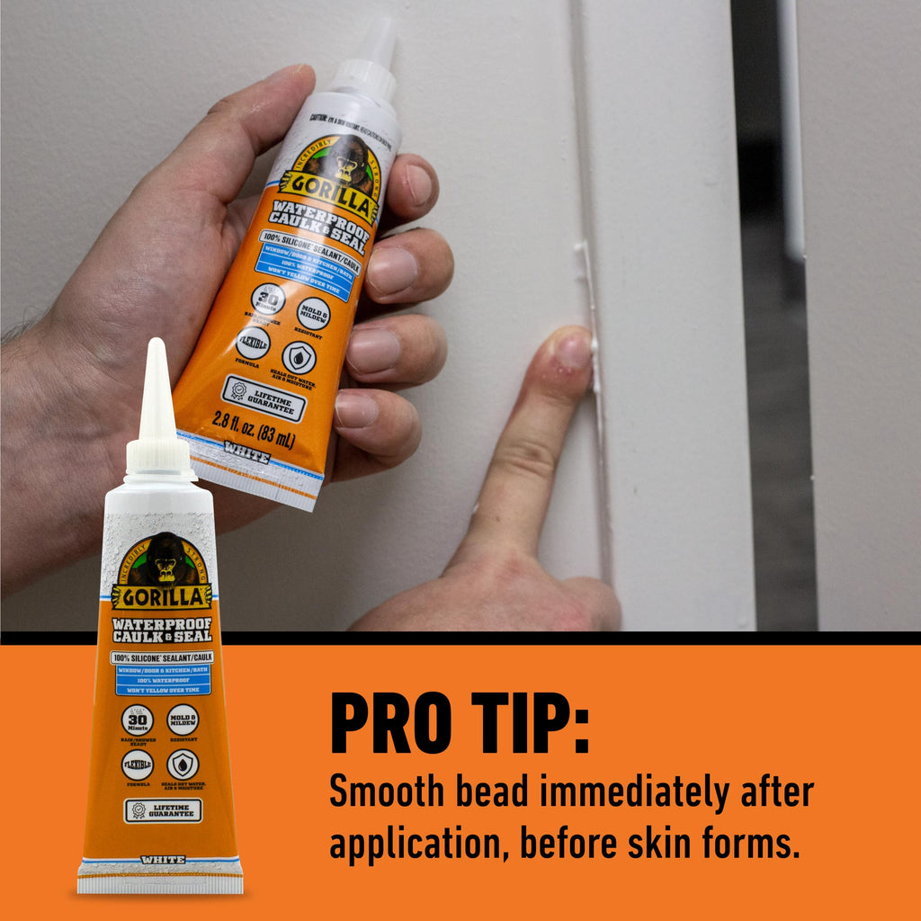 Gorilla 100% Silicone Caulk, Waterproof Sealant, 2.8oz Squeeze Tube, White