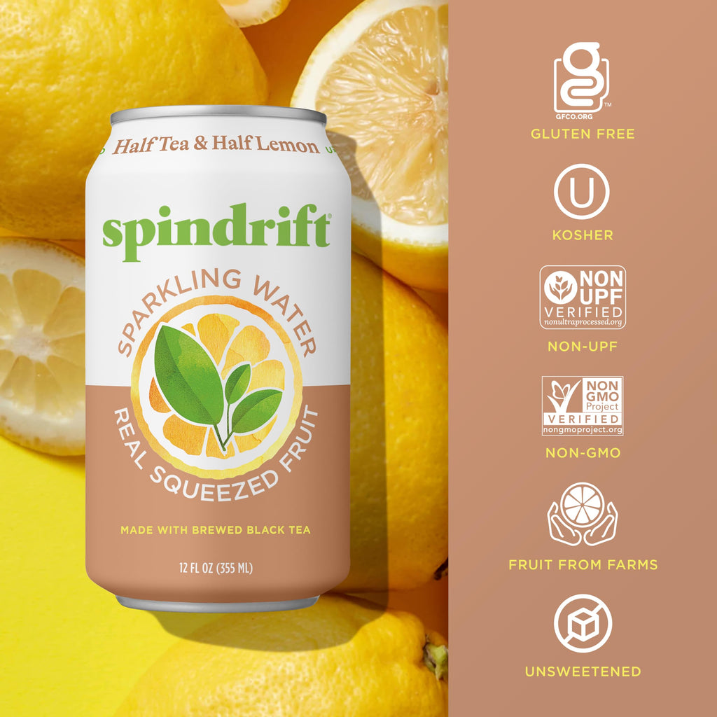 Spindrift Sparkling Water, Half Tea & Half Lemon Flavored, Made with Real Squeezed Fruit, 12 Fl Oz Cans, Pack of 24 (Only 5 Calories per Can)