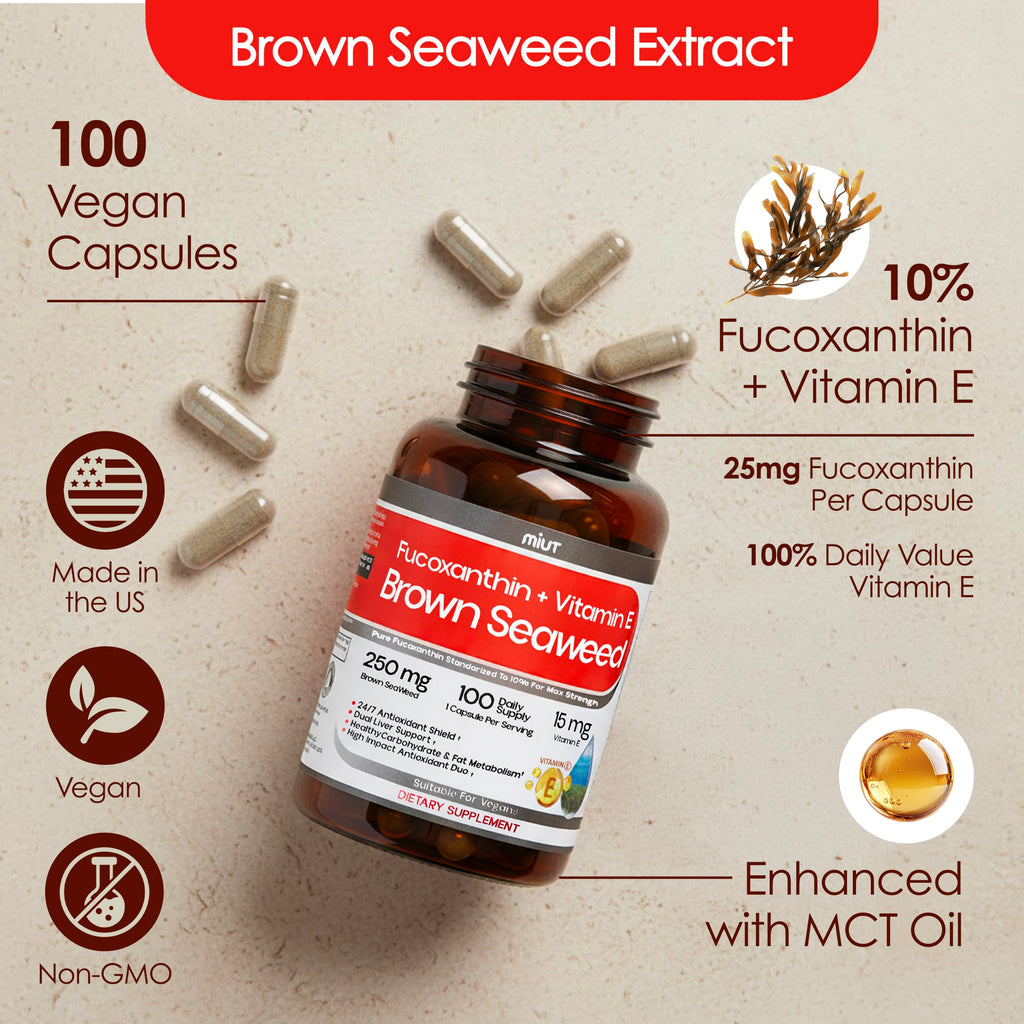 MIUT Fucoxanthin Brown Seaweed Extract Supplement 250mg - 10% Standardized Fucoxanthin w/Vitamin E & MCT Oil, Antioxidant & Metabolic Support - Vegan Marine Carotenoid Formula, Non-GMO - 100 Capsules