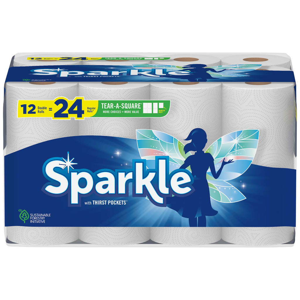 Sparkle Tear-A-Square Paper Towels,2 Double Rolls (660 Sheets Total) - Strong 2-Ply Towels for Kitchen Cleanup and Everyday Messes,(Pack of 3)