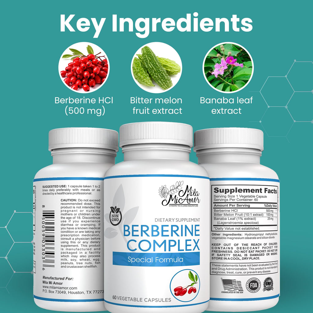 Mila Miamor Berberine Complex HCL 500mg - Special Berberine Supplement with Melon Fruit & Banaba Leaf - Non-GMO, Made in USA - Heart, Cognitive & Gastrointestinal Health - 60 Capsules
